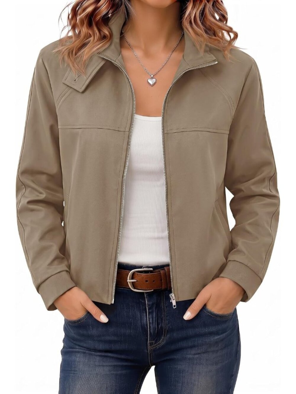 🆕Women’s Light Brown Cropped Zip Up Jacket Funnel Neck Bubble Back Moto Coat